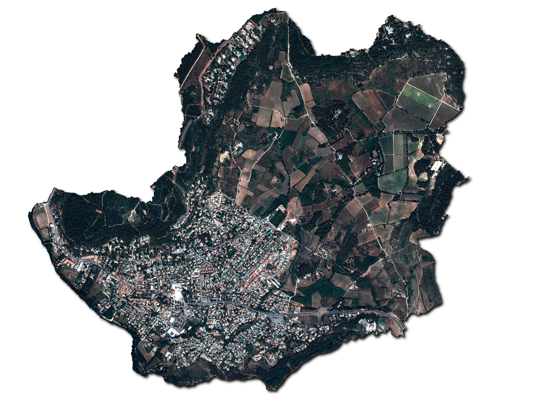 Study area encompassing the town of Grabel and the Rieumassel catchment on a Pleiades image acquired 9 months after the 2014 flood.