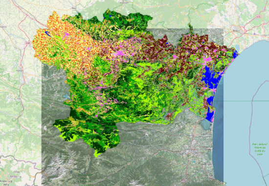 Carte d'occupation des sols du département de l'Aude superposée à une image Sentinel-2