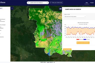 À partir de données spatialisées, Chove-Chuva permet de suivre les dynamiques territoriales au Mato-Grosso. Ici, l’interface montre la carte l’occupation du sol et les statistiques d’évolution de la saison des pluies dans la municipalité de Campo Novo de Parecis. 