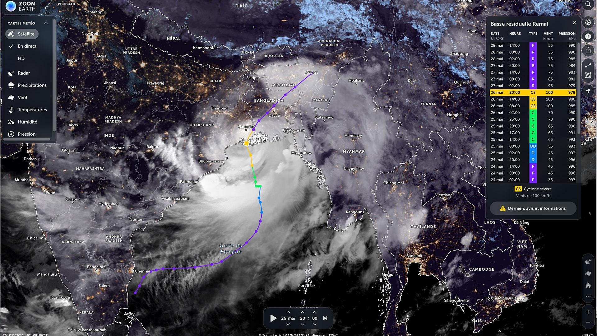 Satellite view of Remal on 26 May 2024 at 8pm. Formed in a record time of 3 days, compared with the usual 7 to 8 days, Remal was also one of the longest cyclones to hit Bangladesh, lasting 36 hours. 