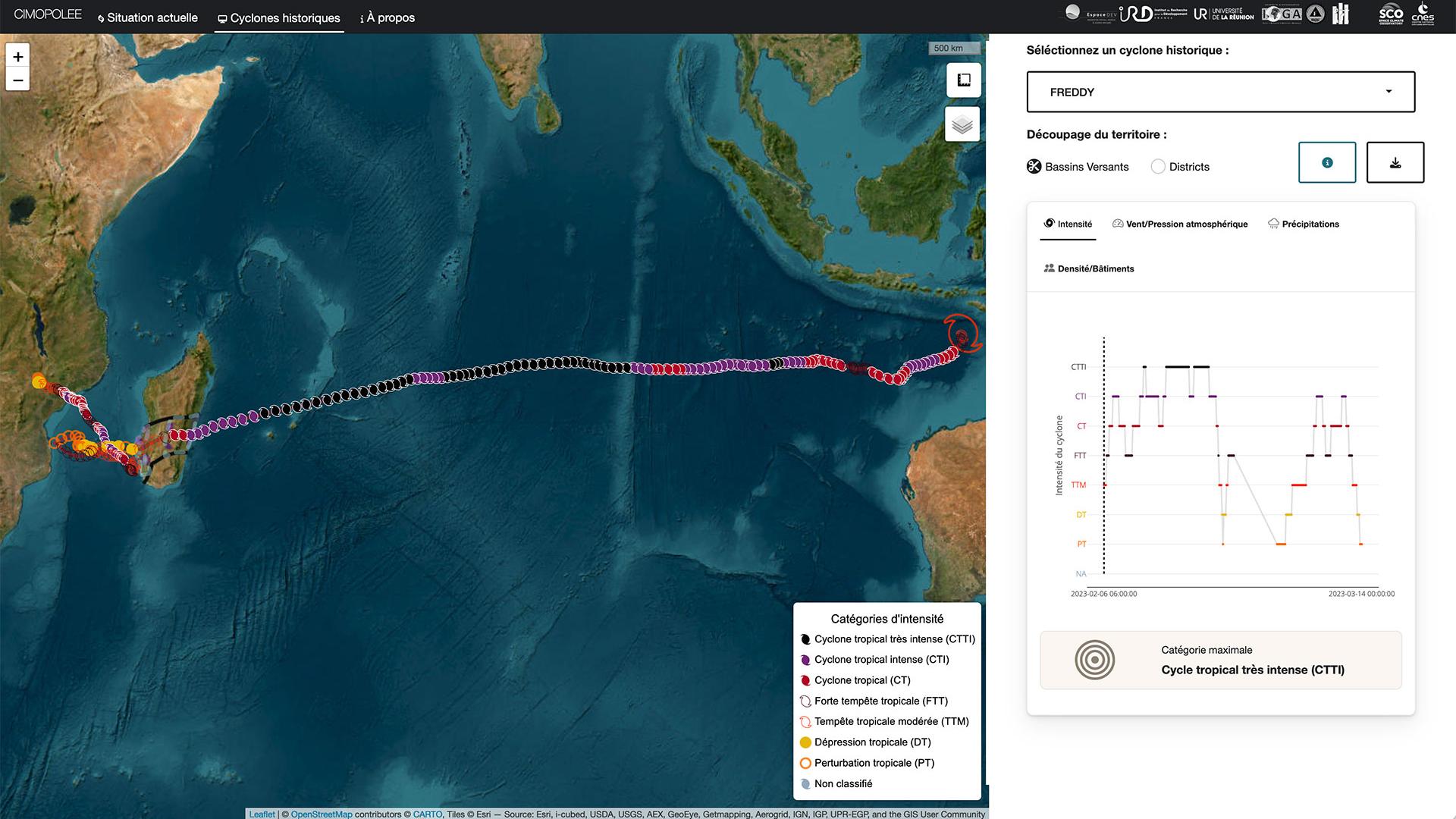 Monitoring the cyclone situation in real time, Cimopolée compiles all the information relating to a cyclone, such as here the trajectory of Freddy in February 2023 with, on the right, the evolution of its intensity.
