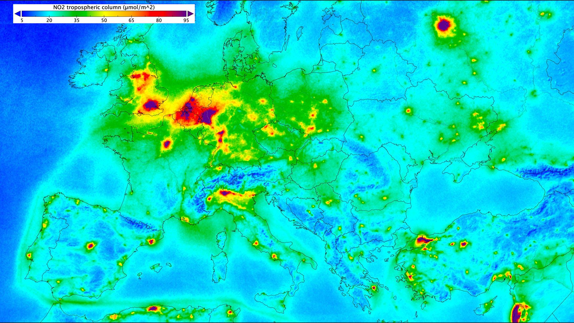 Satellites are invaluable tools for "seeing" man-made emissions. This map, based on measurements taken by the Sentinel-5P satellite between April and September 2018, shows high levels of nitrogen dioxide NO2 over the major European capitals.
