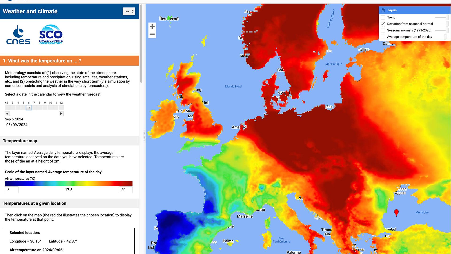 With the Weather and Climate app, it's easy to compare the daily weather with seasonal normal. In this example from 6 September 2024, you can see the astonishing cooling that is occurring in the west of the Iberian Peninsula and France, even though it is summer in these parts...