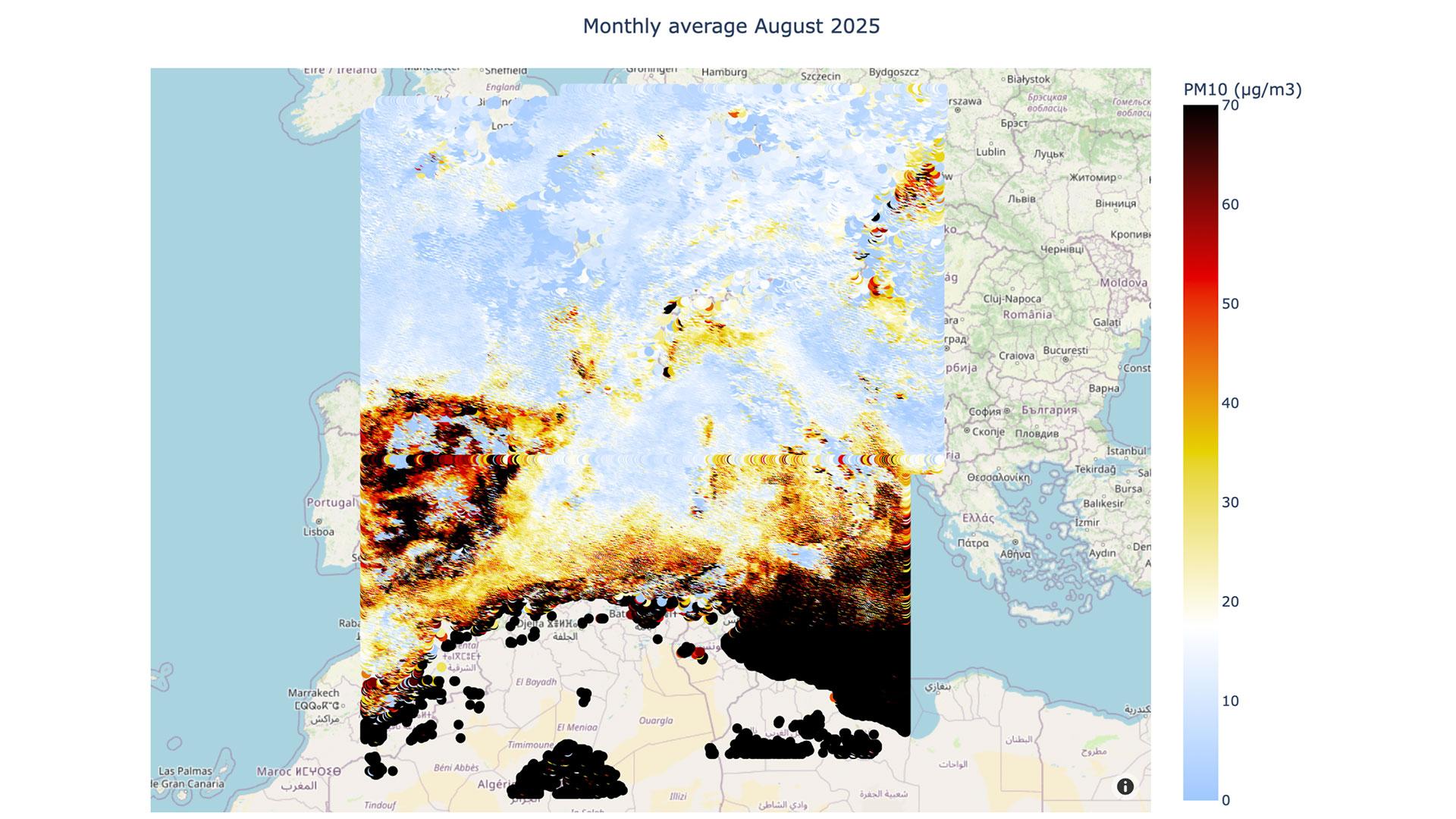 Concentration moyenne des PM10 à la surface obtenue par satellite en août 2025.