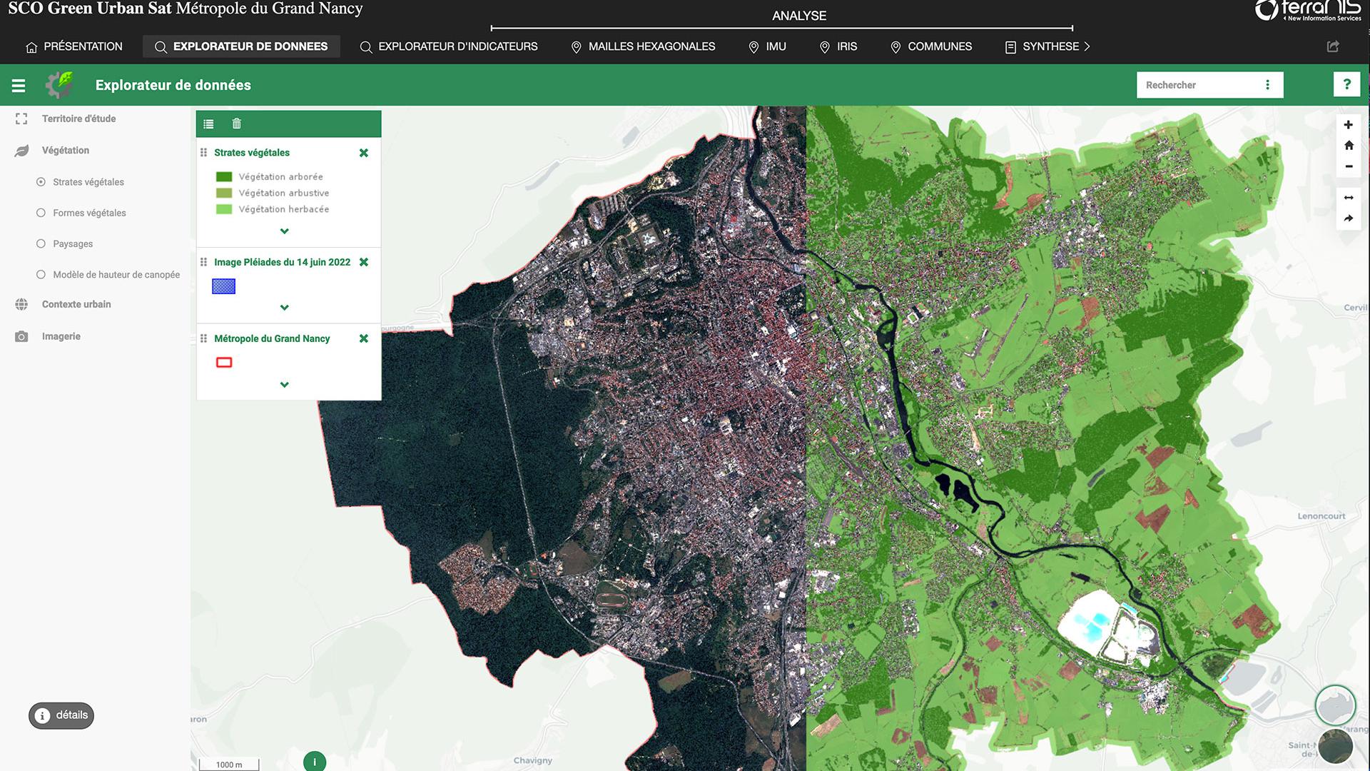 Welcoming the user with a Pleiades image from June, a period when vegetation is in full bloom, the TerraNIS Landia interface displays all the raw data extracted by Cerema from this Pleiades image.