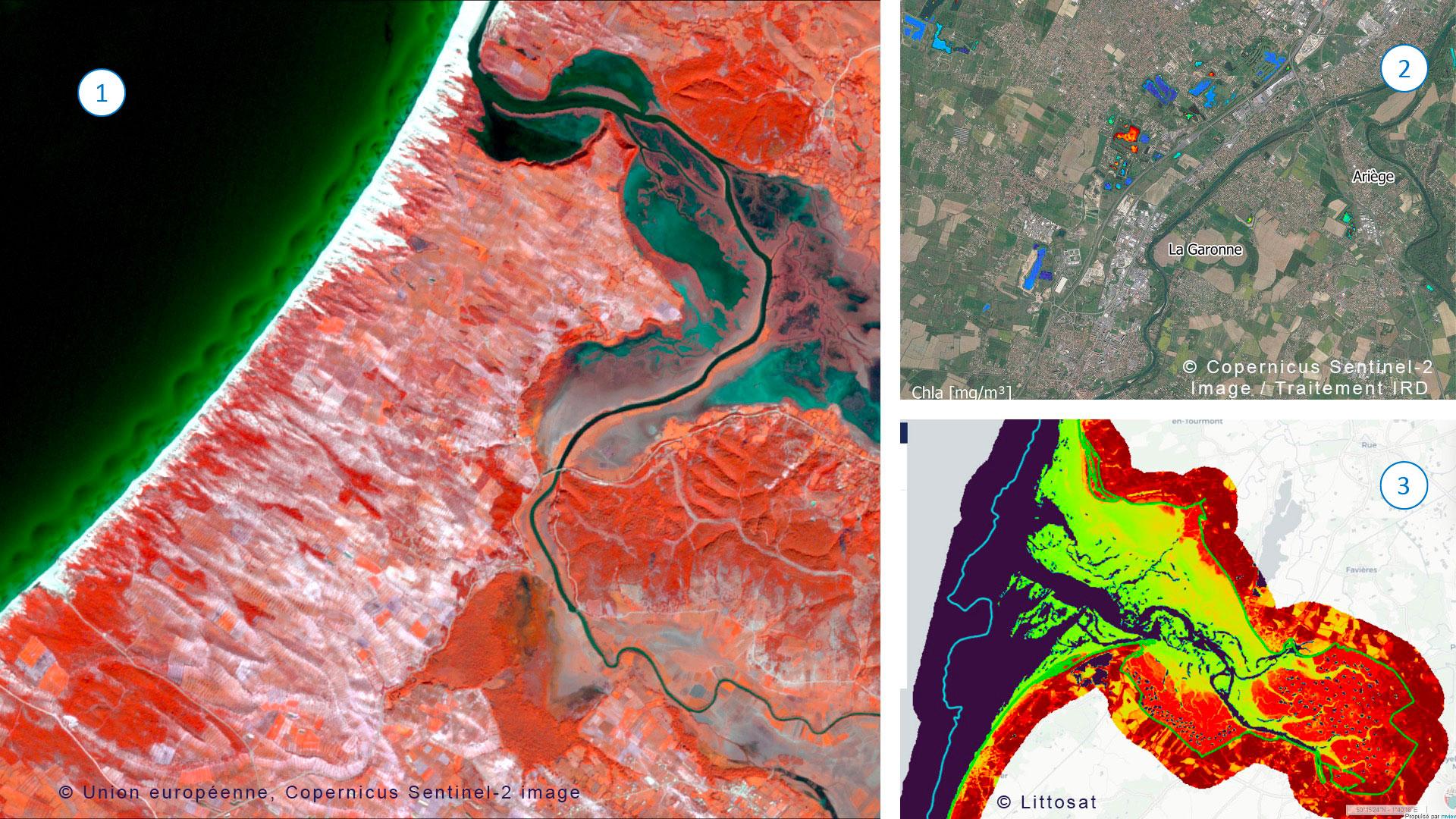 Different uses of Sentinel-2 imagery (by SCO projects): 1 to monitor the state of wetlands (AionWetlands), 2 to estimate the quality of small water reservoirs (XtremQuality), and 3 to map marine and coastal habitats (Littosat)