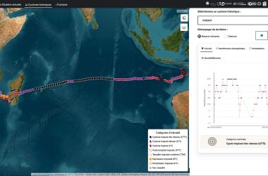 Monitoring the cyclone situation in real time, Cimopolée compiles all the information relating to a cyclone, such as here the trajectory of Freddy in February 2023 with, on the right, the evolution of its intensity.