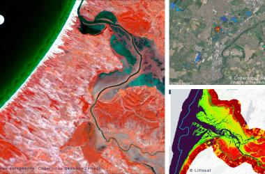 Different uses of Sentinel-2 imagery (by SCO projects): 1 to monitor the state of wetlands (AionWetlands), 2 to estimate the quality of small water reservoirs (XtremQuality), and 3 to map marine and coastal habitats (Littosat)